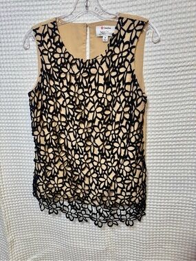 Neiman Marcus Lela Rose Beige Shell with Black Floral Lace Overlay-Cotton & Silk